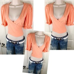 NWT F21 Low Cut Busty Ruffle Peach Peasant Stylish Forever 21 Crop Top